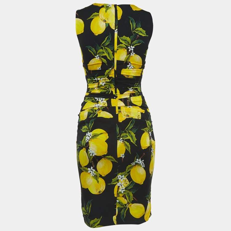Pre Owned Dolce & Gabbana Black Lemon Print Satin Silk Draped Sleeveless Mini Dress S