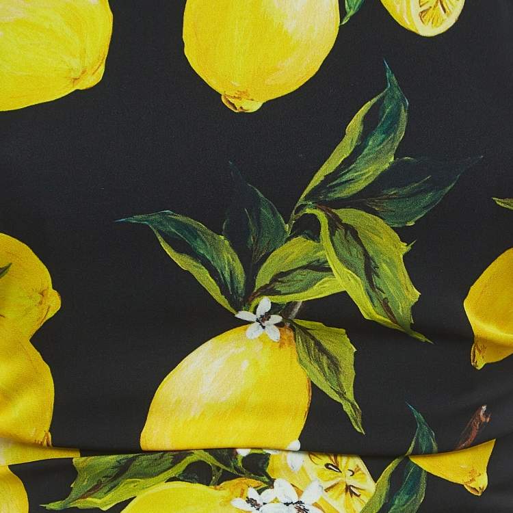 Pre Owned Dolce & Gabbana Black Lemon Print Satin Silk Draped Sleeveless Mini Dress S