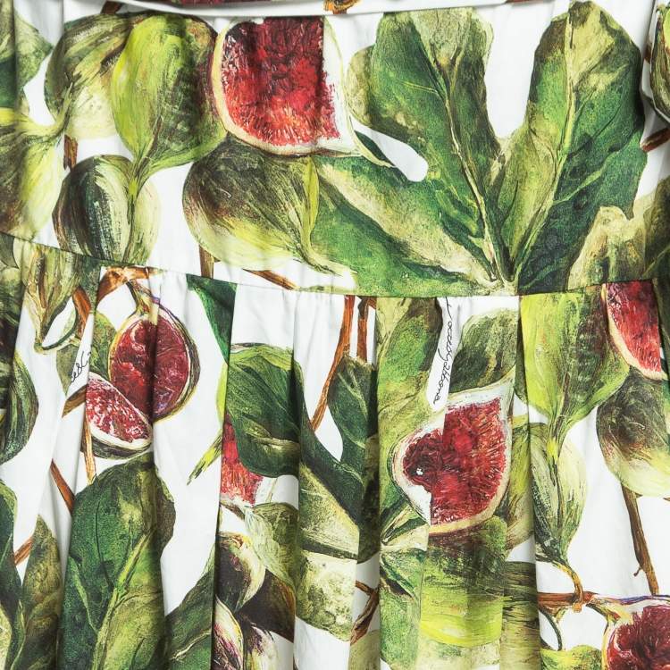 Pre Owned Dolce & Gabbana Green Fig Print Cotton Pleated Detail A-Line Skirt M