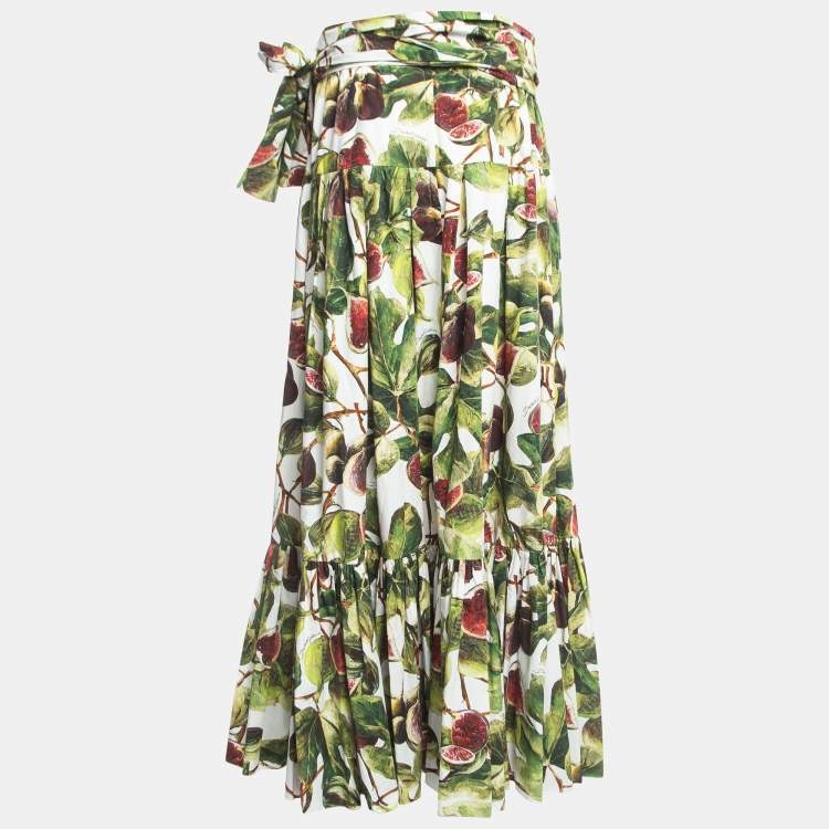 Pre Owned Dolce & Gabbana Green Fig Print Cotton Pleated Detail A-Line Skirt M