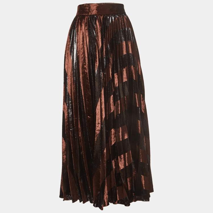 Pre Owned Dolce & Gabbana Brown Pleated Velvet Shimmer Effect Maxi Skirt M