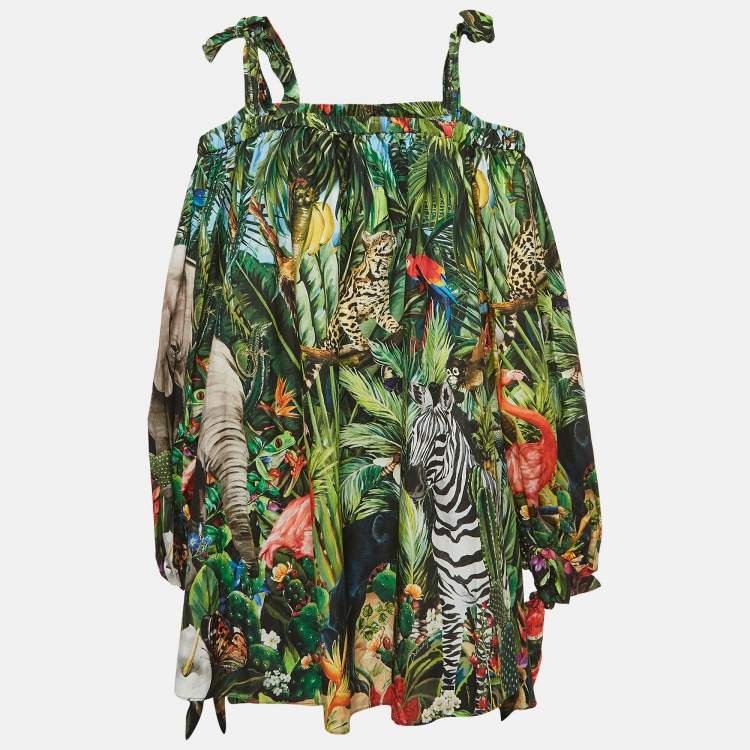 Pre Owned Dolce & Gabbana Green Braces and Jungle Print Poplin Cold Shoulder Mini Dress XL
