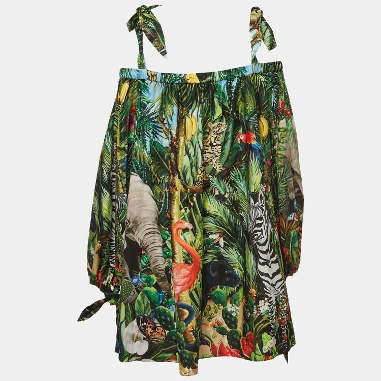 Pre Owned Dolce & Gabbana Green Braces and Jungle Print Poplin Cold Shoulder Mini Dress XL
