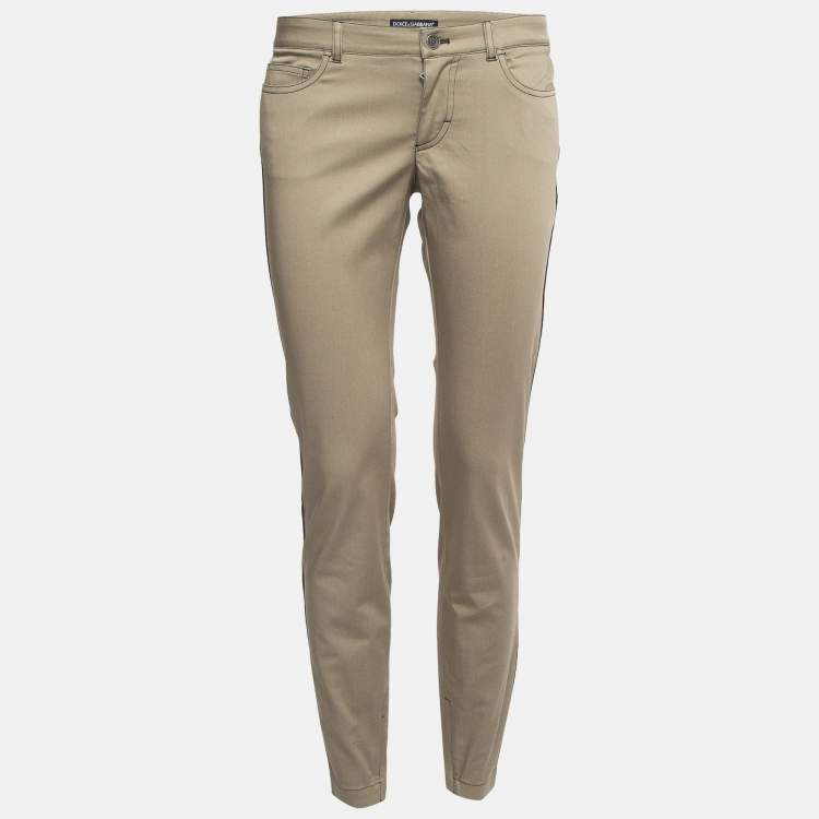 Pre Owned Dolce & Gabbana Green Contrast Side Trim Cotton Slim Trousers M