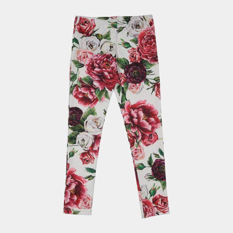 Pre Owned Dolce & Gabbana White/Red Floral Print Jersey Leggings Size 7/8Y