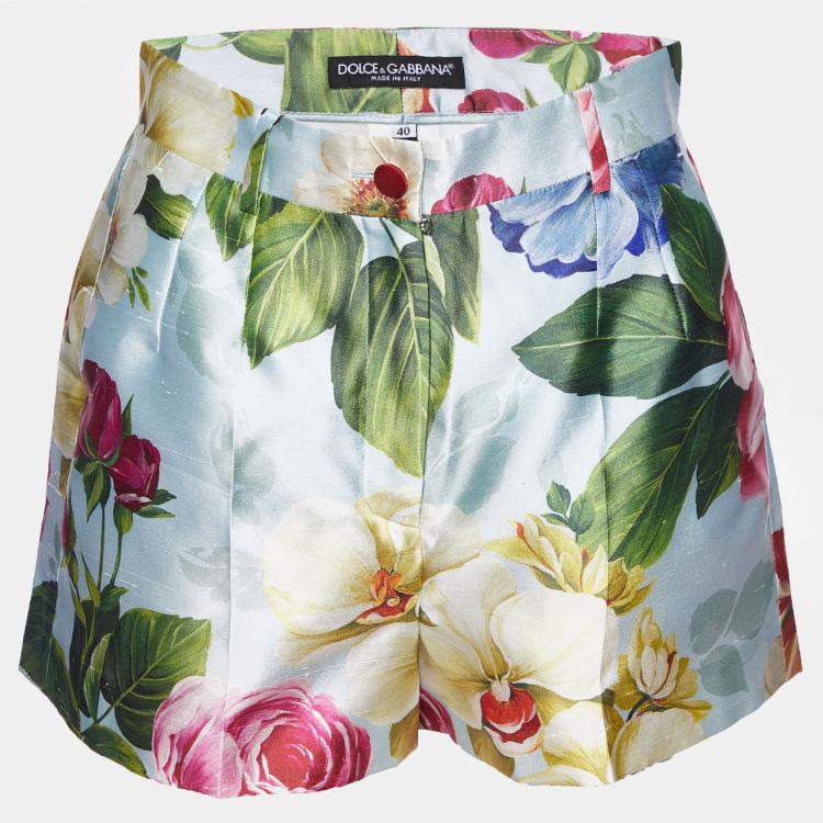 Pre Owned Dolce & Gabbana Blue Floral Print Silk Shorts S (IT 40)