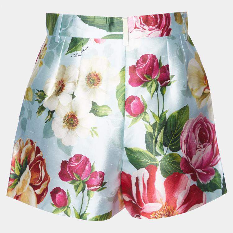 Pre Owned Dolce & Gabbana Blue Floral Print Silk Shorts S (IT 40)