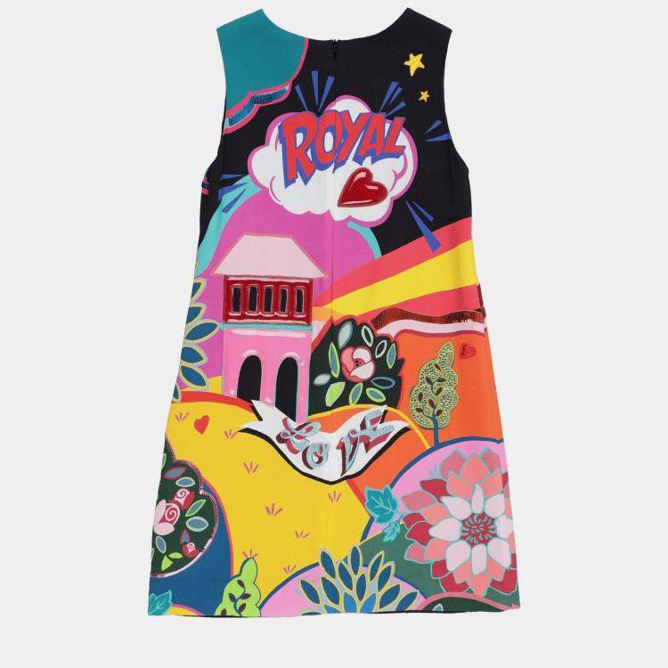 Pre Owned Dolce & Gabbana Multicolor Printed and Applique Crepe Dress Size 11/12Y