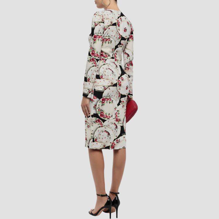 Pre Owned Dolce & Gabbana Ivory Floral Crockery Print Crepe Midi Dress L (IT 46)