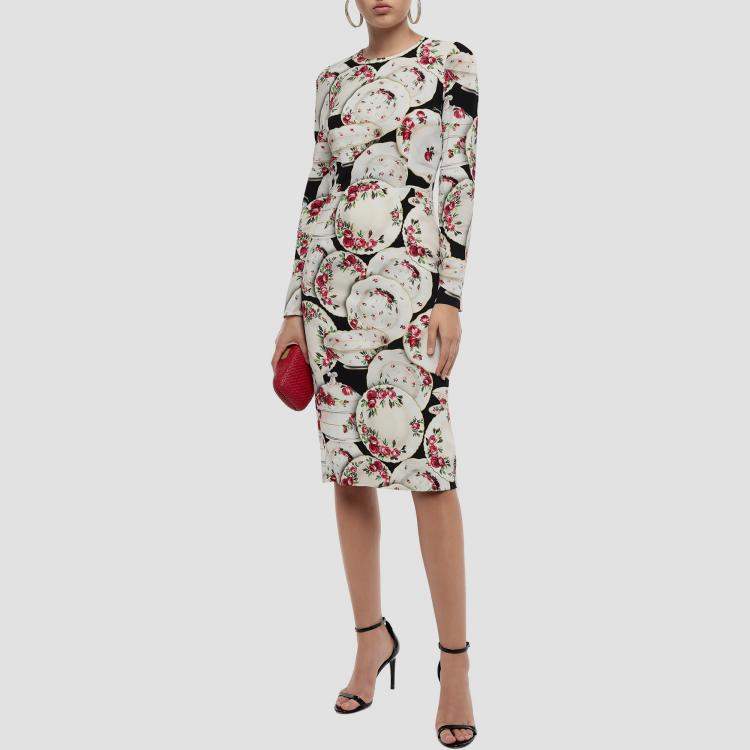 Pre Owned Dolce & Gabbana Ivory Floral Crockery Print Crepe Midi Dress L (IT 46)