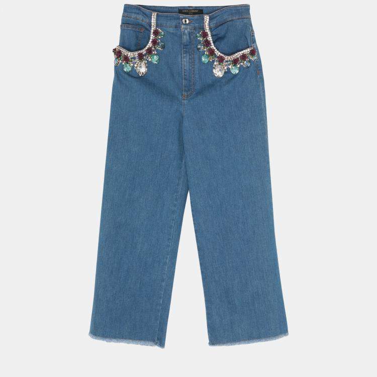 Pre Owned Dolce & Gabbana Blue Embellished Denim Wide Leg Jeans M (IT 42) Waist 30"