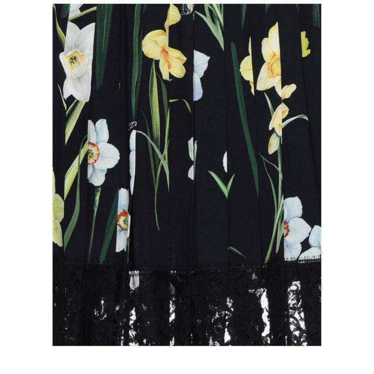 Pre Owned Dolce & Gabbana Black Floral Print Crepe & Lace Pleated Skirt XS (IT 40)