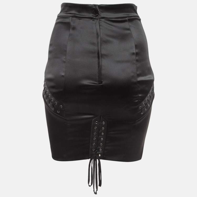 Pre Owned Dolce & Gabbana Black Satin Lace-Up Corset Style Mini Skirt XS