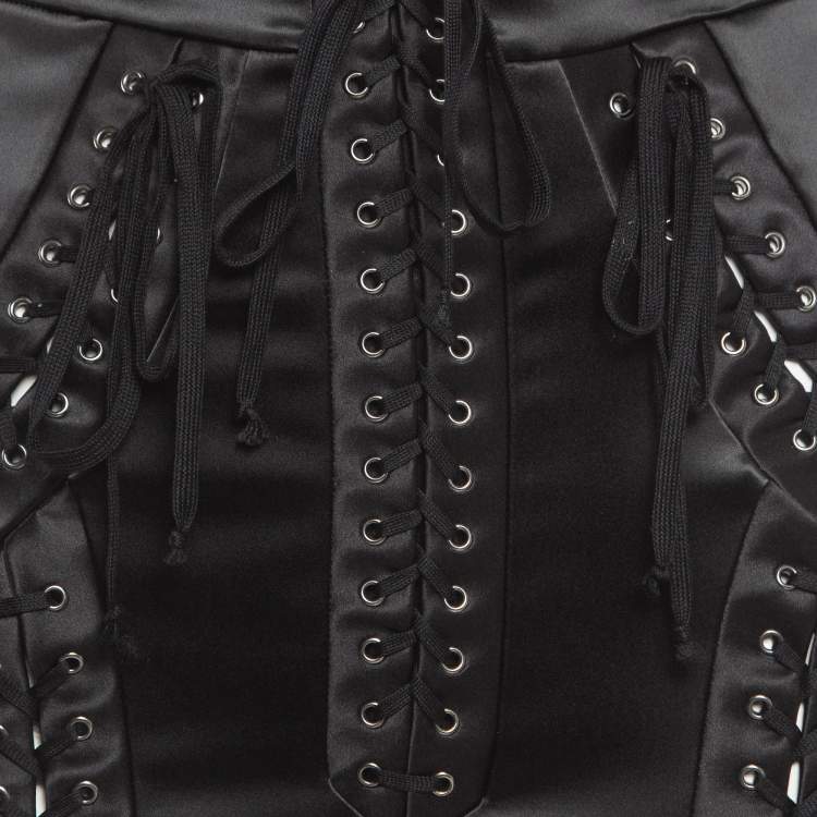 Pre Owned Dolce & Gabbana Black Satin Lace-Up Corset Style Mini Skirt XS