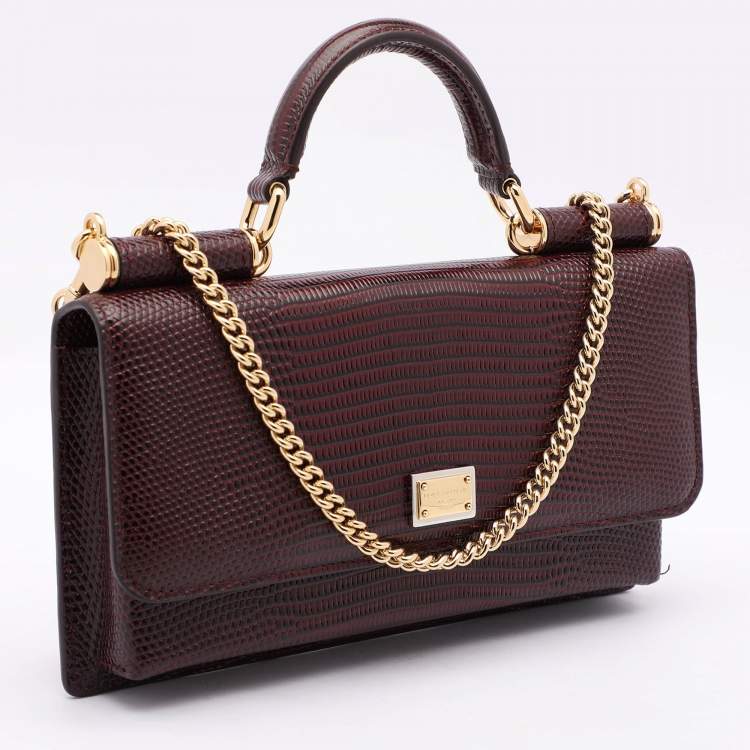 مملوكة مسبقًا Dolce & Gabbana Burgundy Lizard Embossed Leather Sicily Wallet on Chain