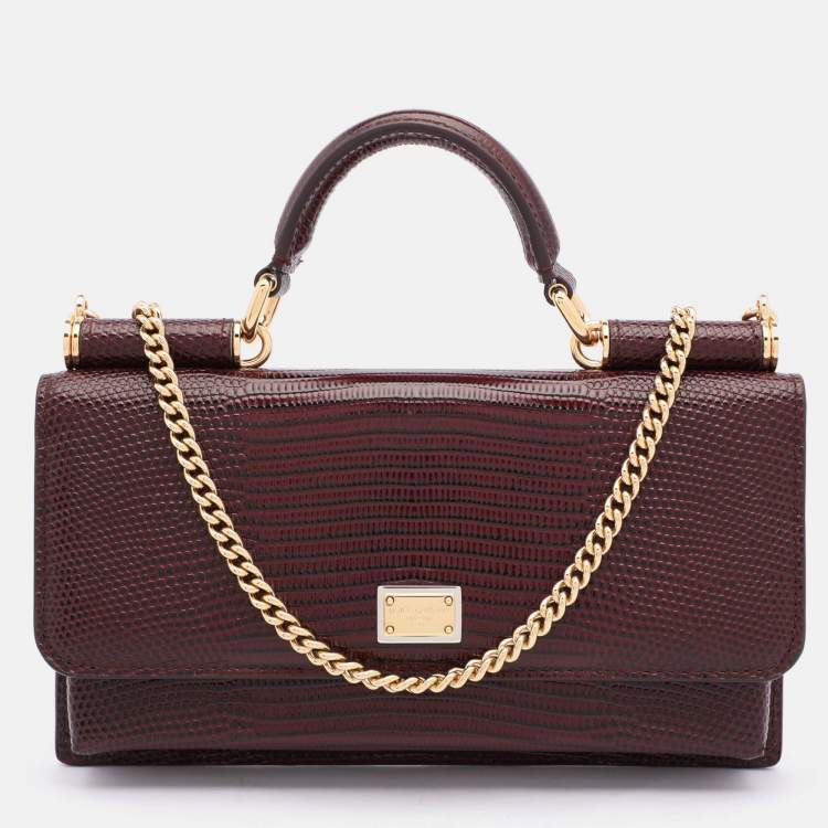 مملوكة مسبقًا Dolce & Gabbana Burgundy Lizard Embossed Leather Sicily Wallet on Chain