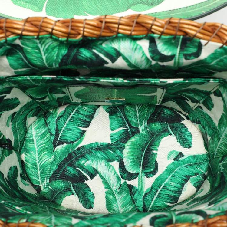 مملوكة مسبقًا Dolce & Gabbana Multicolor Banana Leaf Print Leather and Wicker Basket Top Handle Bag