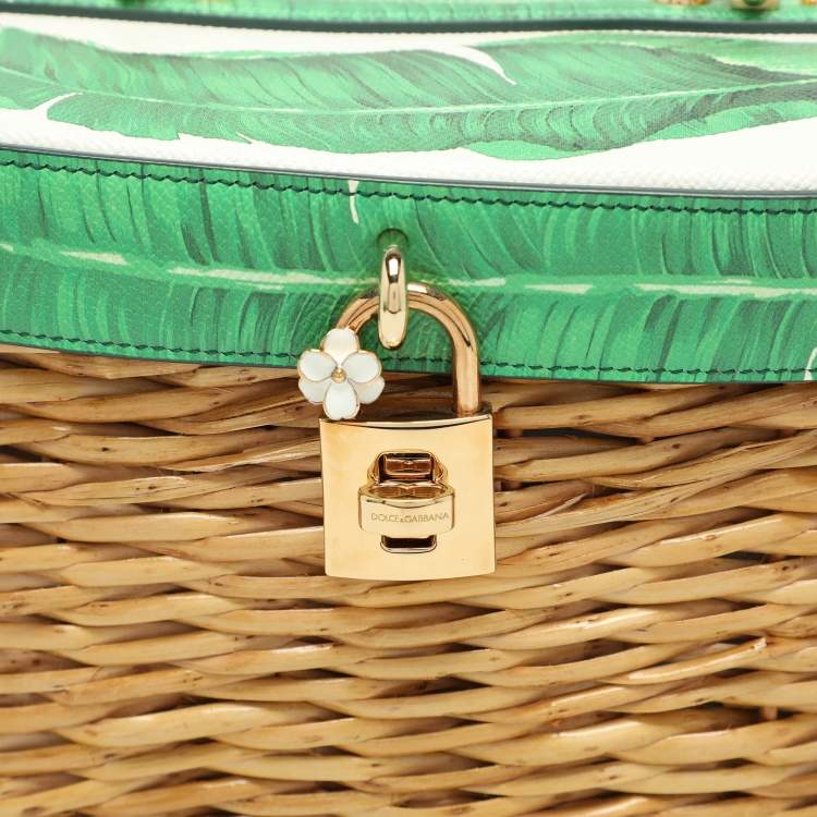 مملوكة مسبقًا Dolce & Gabbana Multicolor Banana Leaf Print Leather and Wicker Basket Top Handle Bag