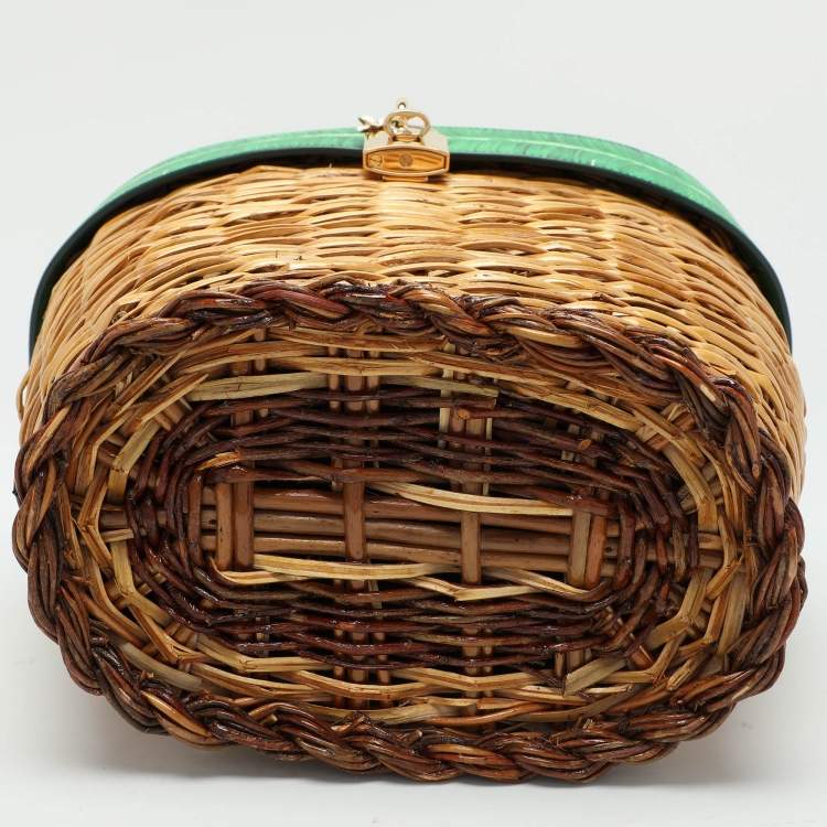 مملوكة مسبقًا Dolce & Gabbana Multicolor Banana Leaf Print Leather and Wicker Basket Top Handle Bag
