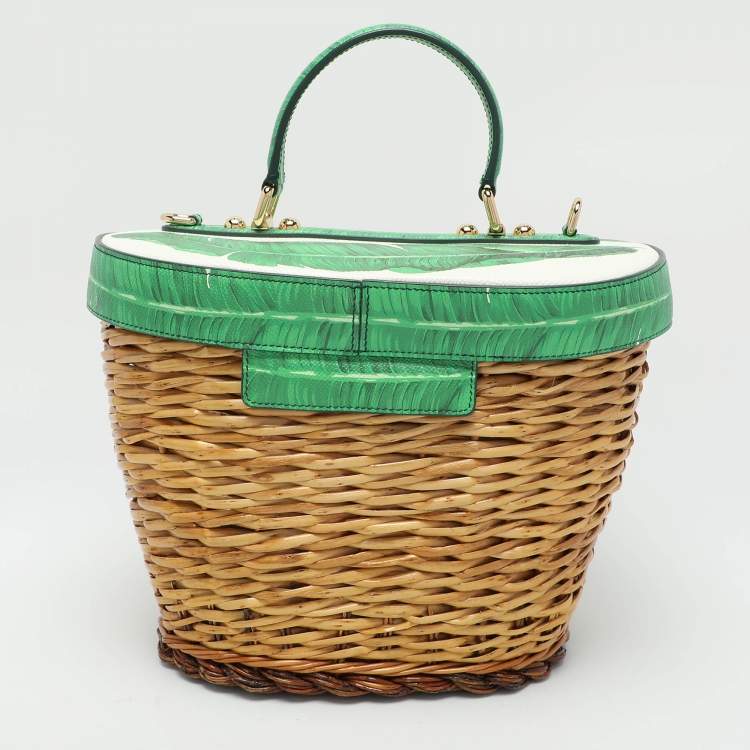 مملوكة مسبقًا Dolce & Gabbana Multicolor Banana Leaf Print Leather and Wicker Basket Top Handle Bag