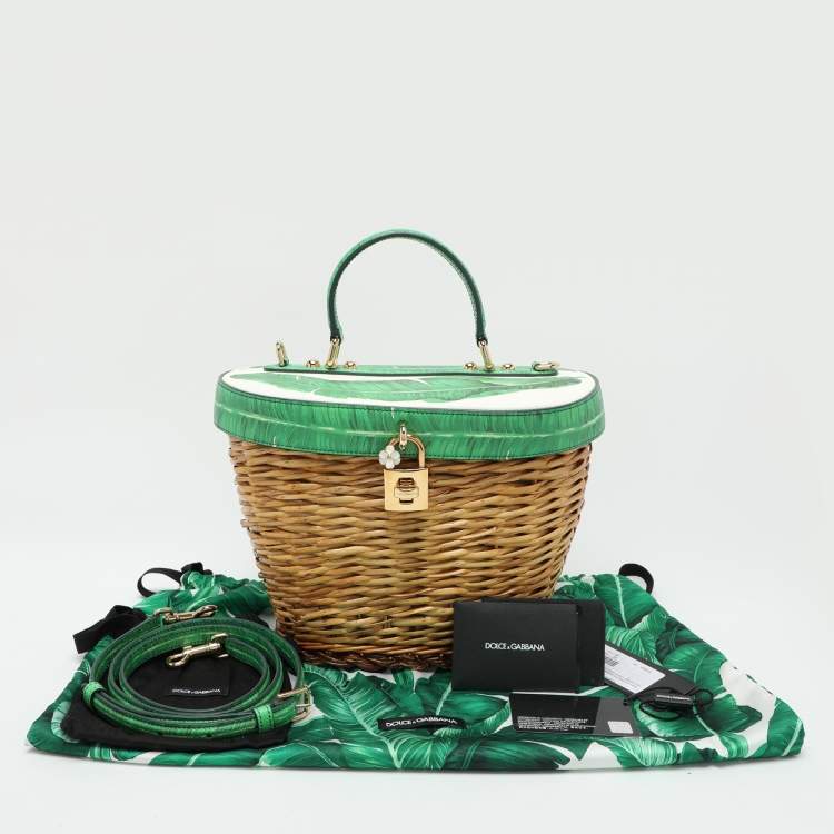 مملوكة مسبقًا Dolce & Gabbana Multicolor Banana Leaf Print Leather and Wicker Basket Top Handle Bag