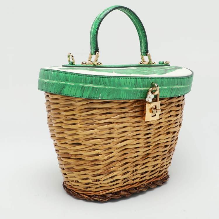 مملوكة مسبقًا Dolce & Gabbana Multicolor Banana Leaf Print Leather and Wicker Basket Top Handle Bag
