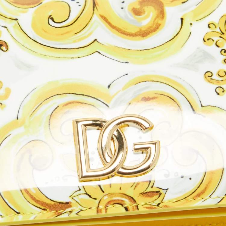 Pre Owned Dolce & Gabbana Yellow Majolica Print Patent and Leather Flap Card Case