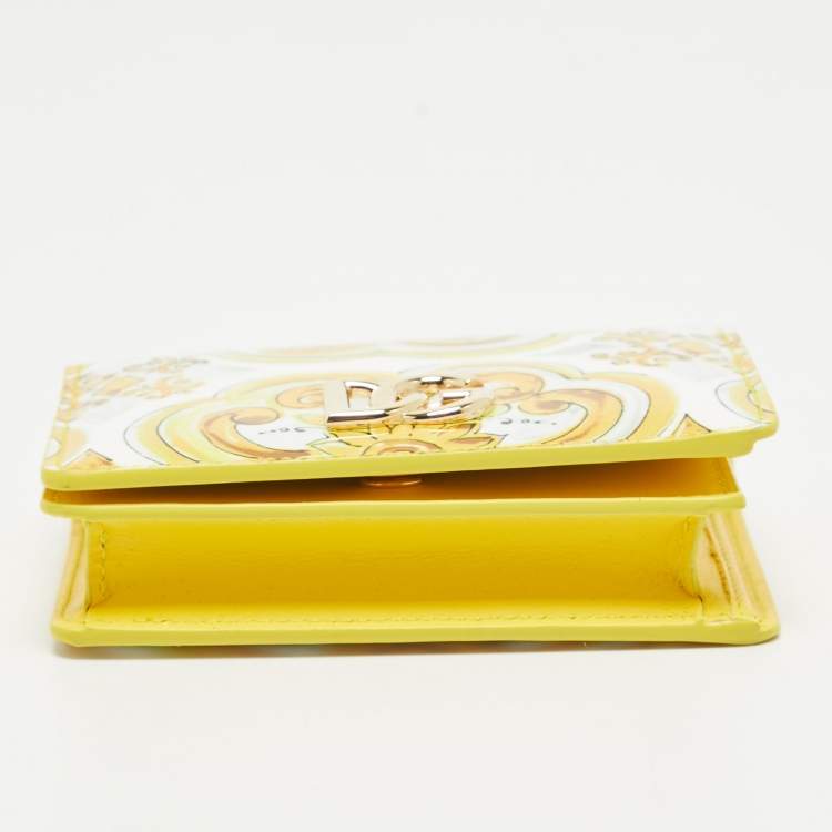 Pre Owned Dolce & Gabbana Yellow Majolica Print Patent and Leather Flap Card Case