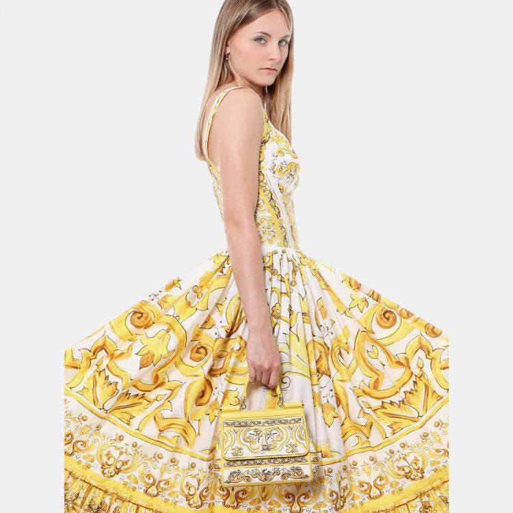 Pre Owned Dolce & Gabbana Yellow Leather and Fabric Majolica Siciliy Handbag