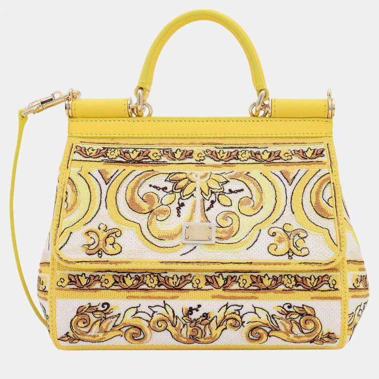 Pre Owned Dolce & Gabbana Yellow Leather and Fabric Majolica Siciliy Handbag