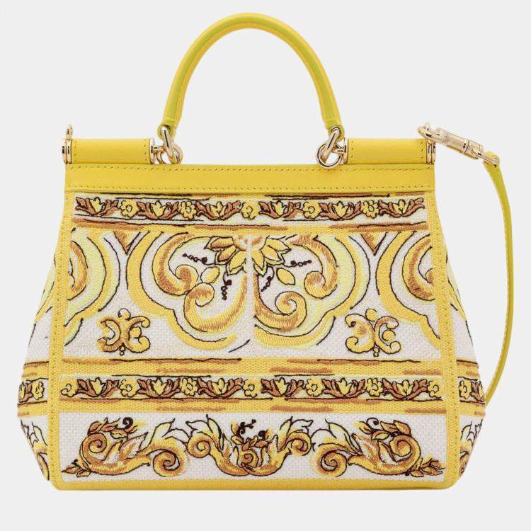 Pre Owned Dolce & Gabbana Yellow Leather and Fabric Majolica Siciliy Handbag