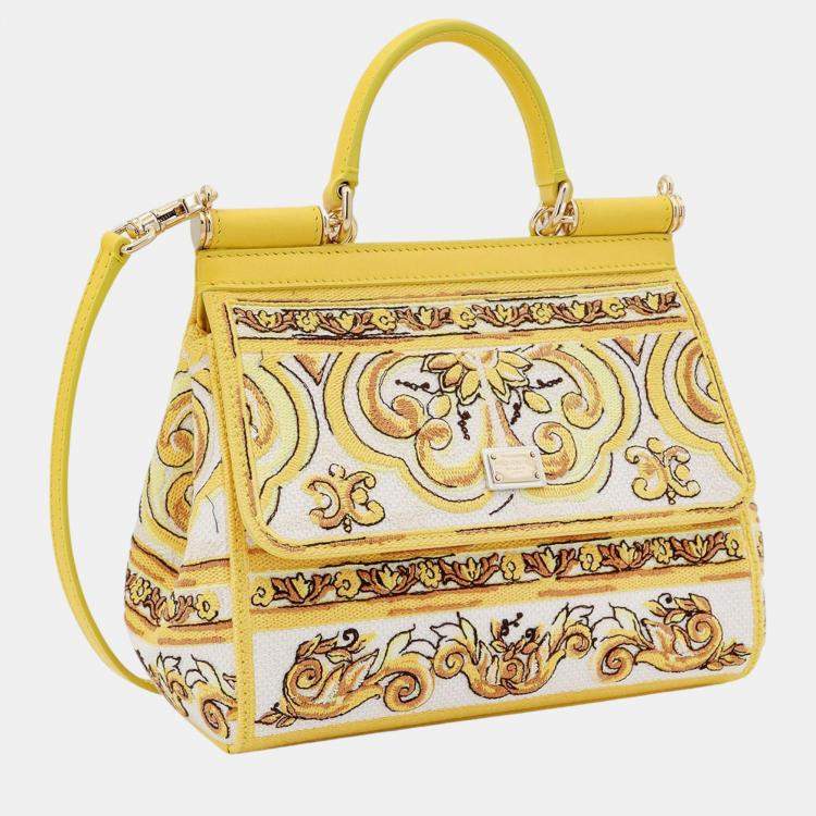Pre Owned Dolce & Gabbana Yellow Leather and Fabric Majolica Siciliy Handbag