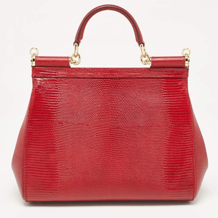 Pre Owned Dolce & Gabbana Red Lizard Embossed Leather Medium Miss Sicily Top Handle Bag