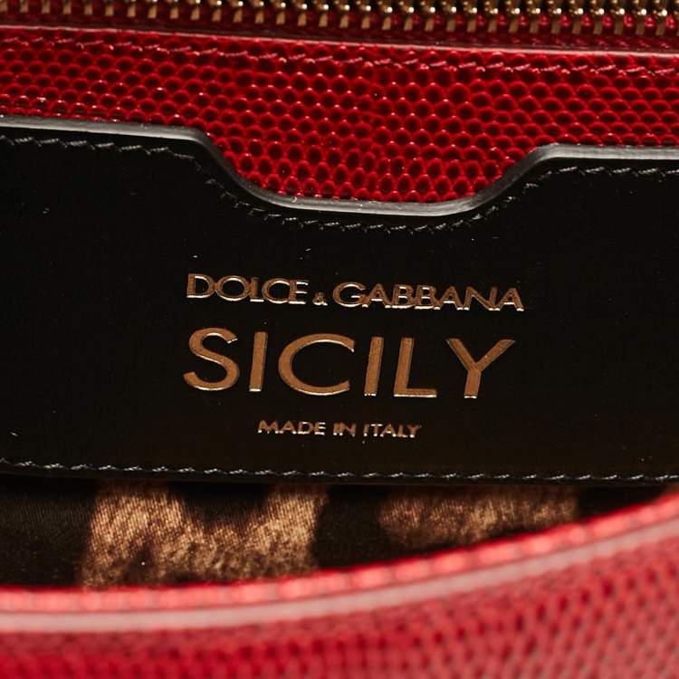 Pre Owned Dolce & Gabbana Red Lizard Embossed Leather Medium Miss Sicily Top Handle Bag