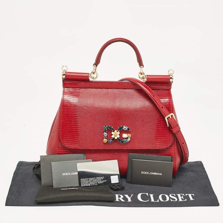 Pre Owned Dolce & Gabbana Red Lizard Embossed Leather Medium Miss Sicily Top Handle Bag