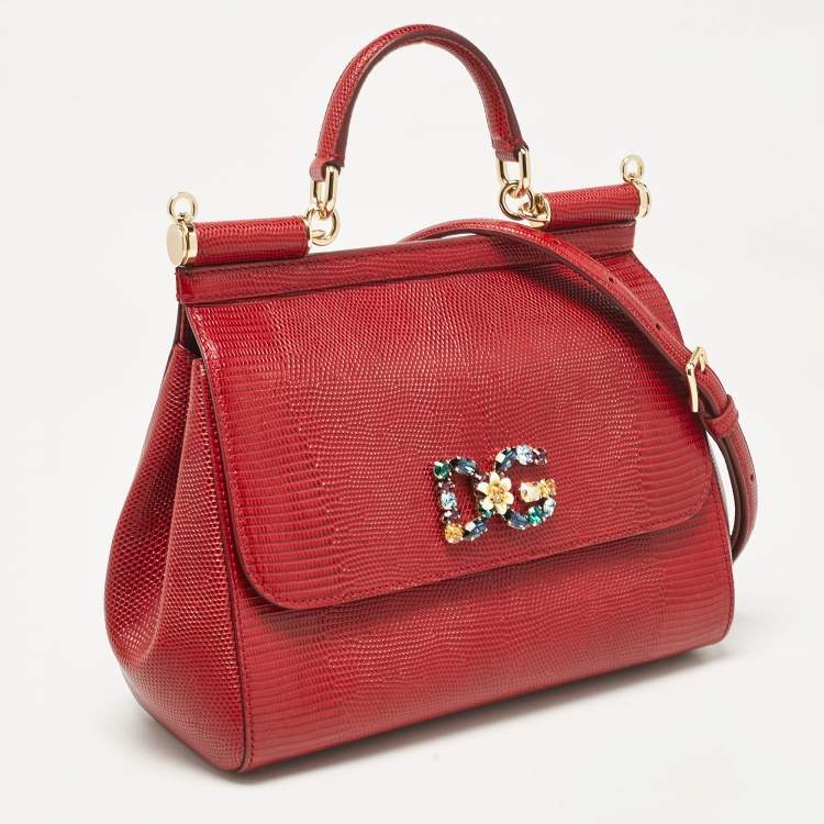 Pre Owned Dolce & Gabbana Red Lizard Embossed Leather Medium Miss Sicily Top Handle Bag