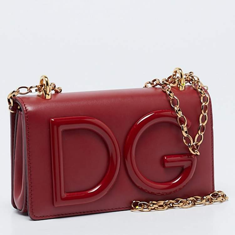 Pre Owned Dolce & Gabbana Red Leather Mini DG Girl Wallet On Chain