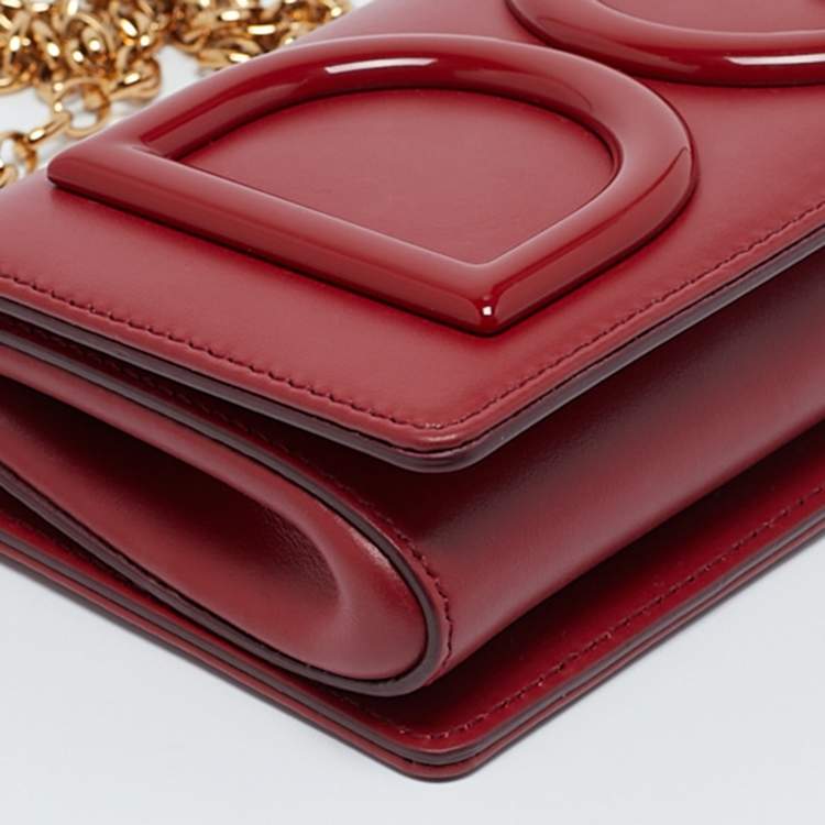 Pre Owned Dolce & Gabbana Red Leather Mini DG Girl Wallet On Chain