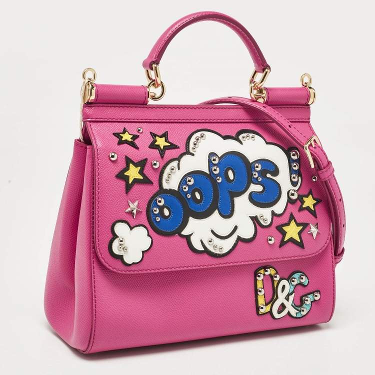 Pre Owned Dolce & Gabbana Pink Leather Medium Oops Patch Miss Sicily Top Handle Bag