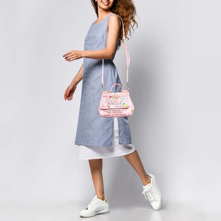 Pre Owned Dolce & Gabbana Pink Leather Small Graffiti Miss Sicily Top Handle Bag