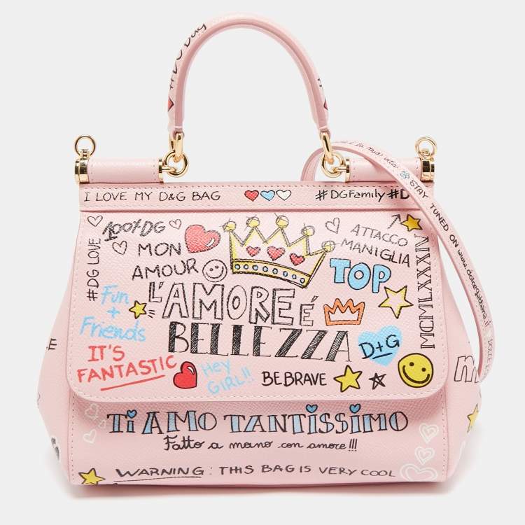 Pre Owned Dolce & Gabbana Pink Leather Small Graffiti Miss Sicily Top Handle Bag
