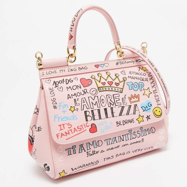Pre Owned Dolce & Gabbana Pink Leather Small Graffiti Miss Sicily Top Handle Bag