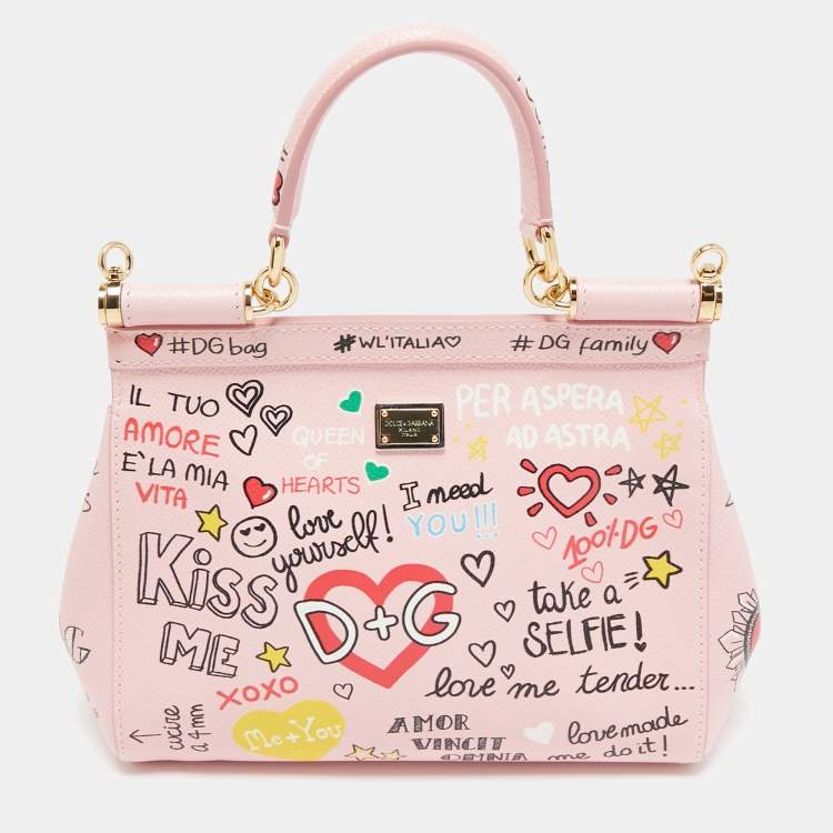 Pre Owned Dolce & Gabbana Pink Leather Small Graffiti Miss Sicily Top Handle Bag
