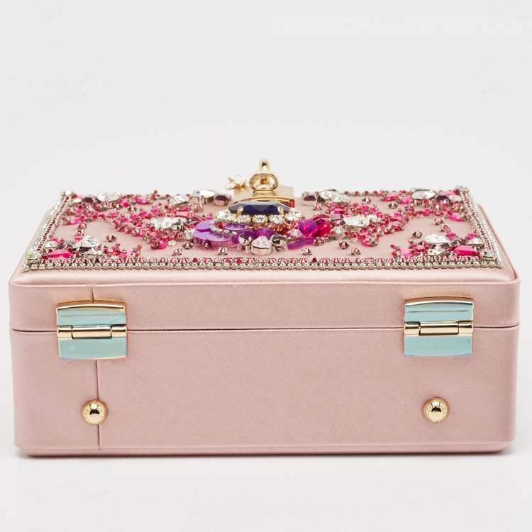 Pre Owned Dolce & Gabbana Pink Satin and Leather Crystals Embellished Dolce Box Bag 