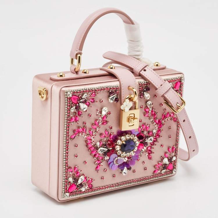 Pre Owned Dolce & Gabbana Pink Satin and Leather Crystals Embellished Dolce Box Bag 