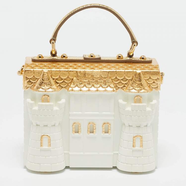 Pre Owned Dolce & Gabbana Gold/White Acrylic and Snakeskin Castle Dolce Box Top Handle Bag