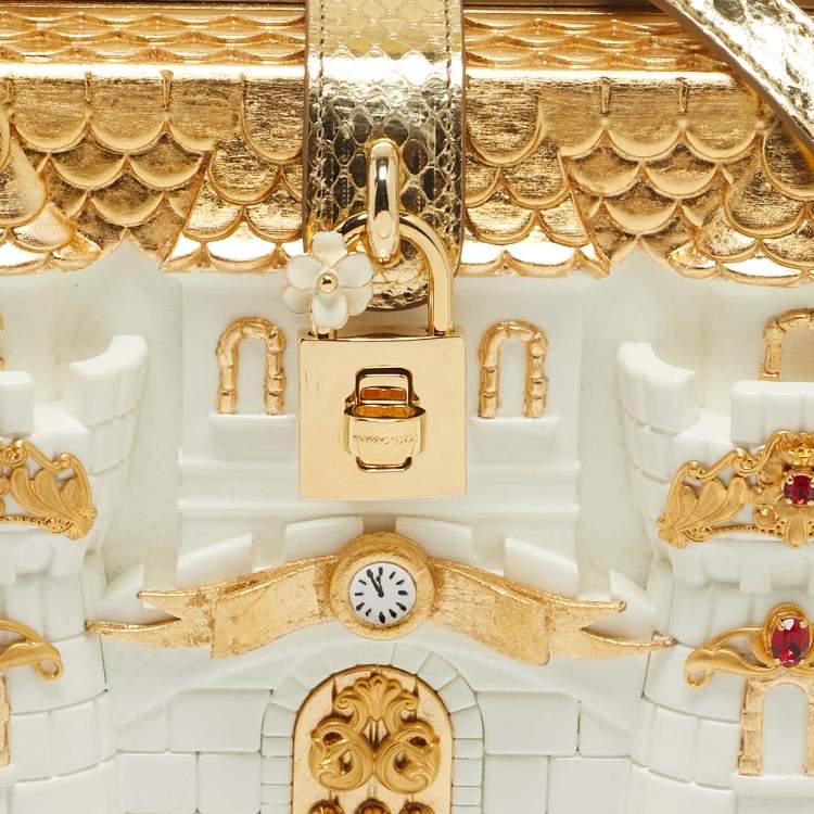 Pre Owned Dolce & Gabbana Gold/White Acrylic and Snakeskin Castle Dolce Box Top Handle Bag