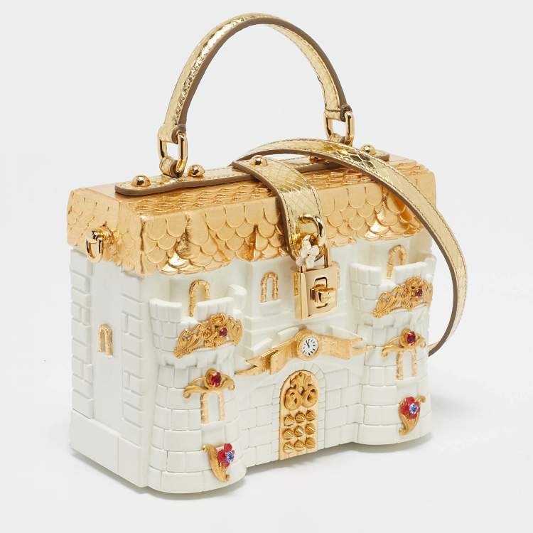 Pre Owned Dolce & Gabbana Gold/White Acrylic and Snakeskin Castle Dolce Box Top Handle Bag