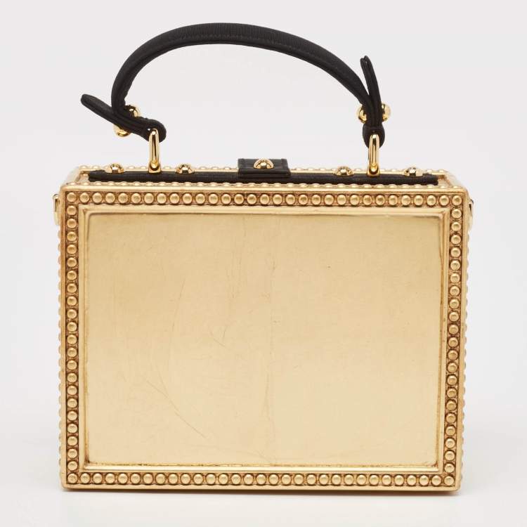 Pre Owned Dolce & Gabbana Gold/Black Acrylic and Fabric Embellished Dolce Box Top Handle Bag