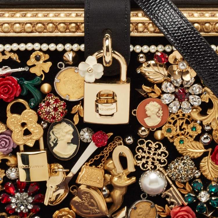 Pre Owned Dolce & Gabbana Gold/Black Acrylic and Fabric Embellished Dolce Box Top Handle Bag